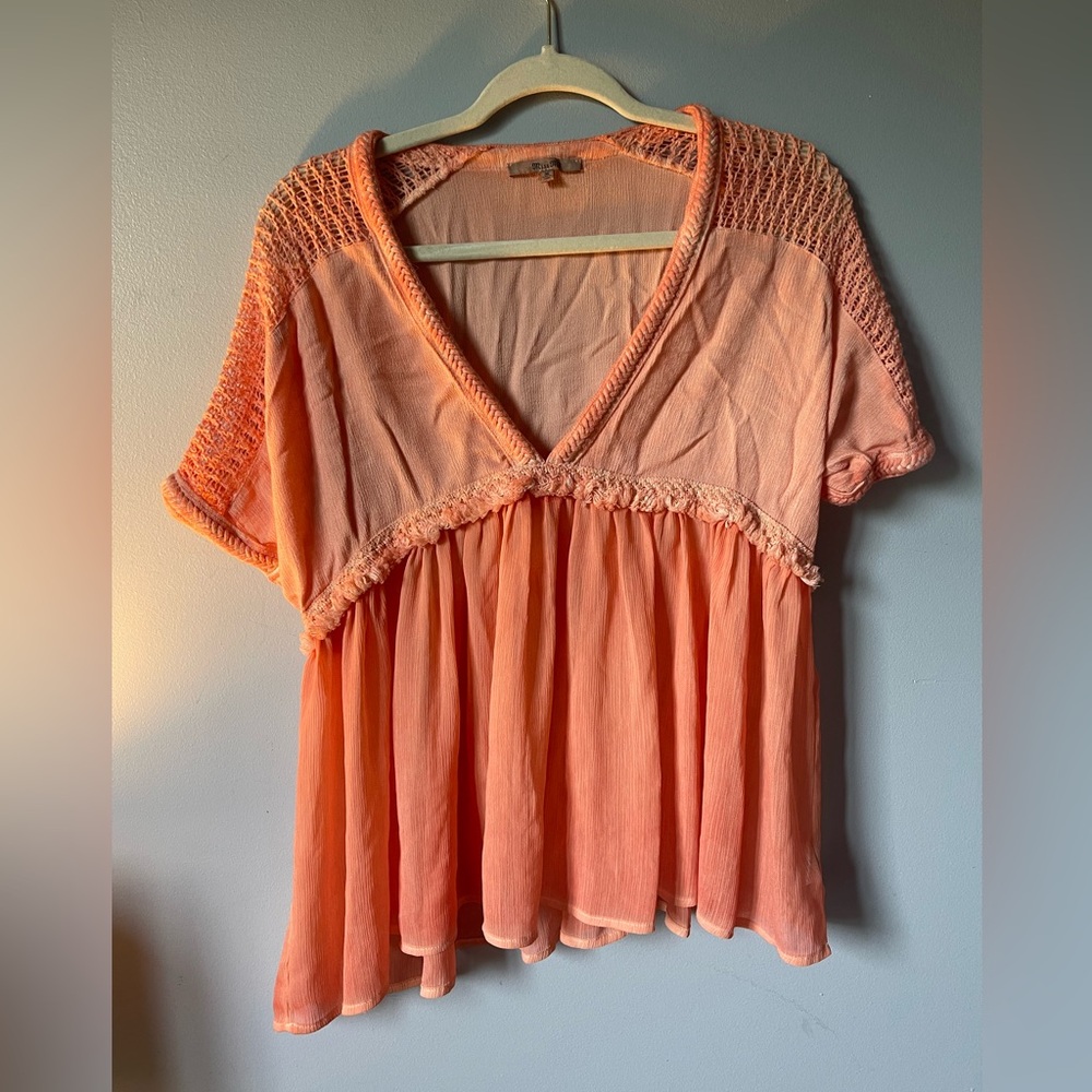 Miss me coral deep v neck sheer bottom crochet top M